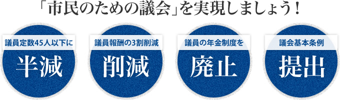 「市民のための議会」を実現しましょう！ 議員定数45人以下に半減 議員報酬の3割削減 議員の年金制度を廃止 議会基本条例提出